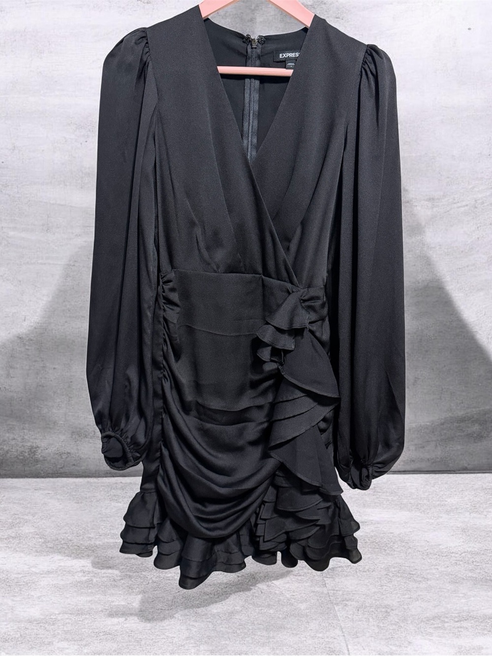 Express Black Ruffled Long-Sleeve Wrap Mini Dress with V-Neck